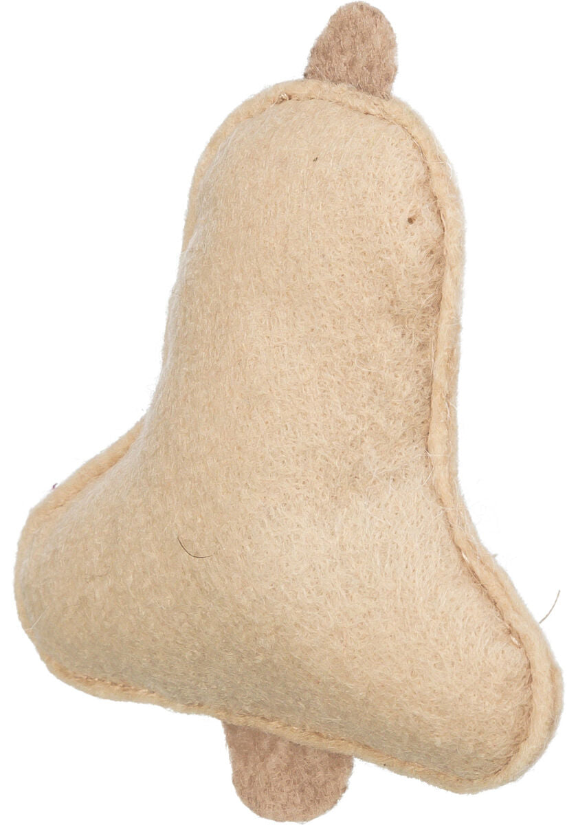 Beiges, glockenförmiges, weiches Objekt mit strukturiertem Oberflächenmaterial, ein kleiner Griff oben.