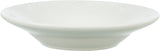 Weiße, runde Schale mit leicht flachem Rand und dezentem Muster auf der Innenseite.