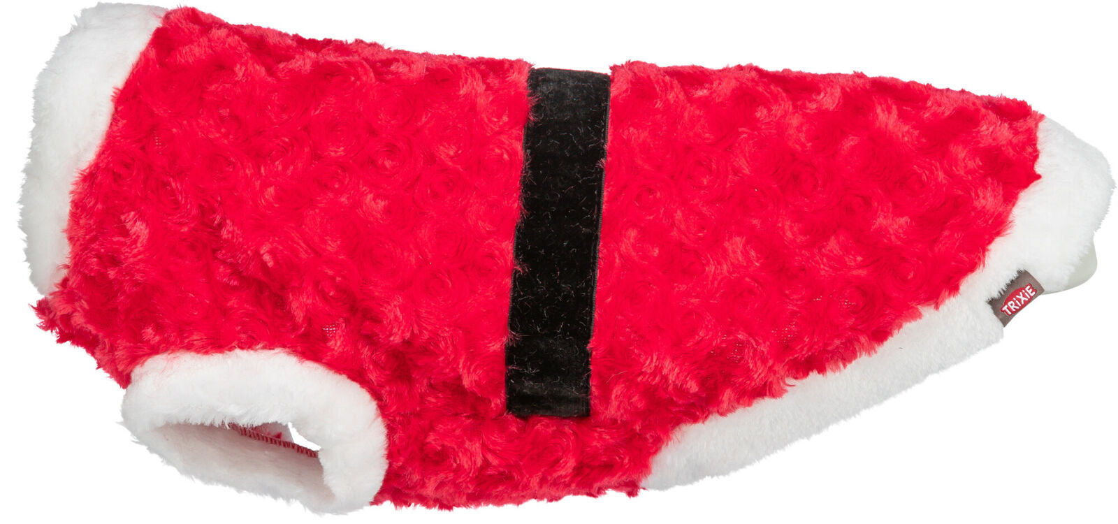 Roter, plüschiger Hundemantel mit schwarzem Streifen und weißem Rand, Etikett mit Aufschrift "TRIXIE".