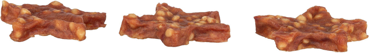 Drei sternförmige Leckerlis in Braun mit ungleichmäßiger, strukturierter Oberfläche und hellen Einsprengseln.