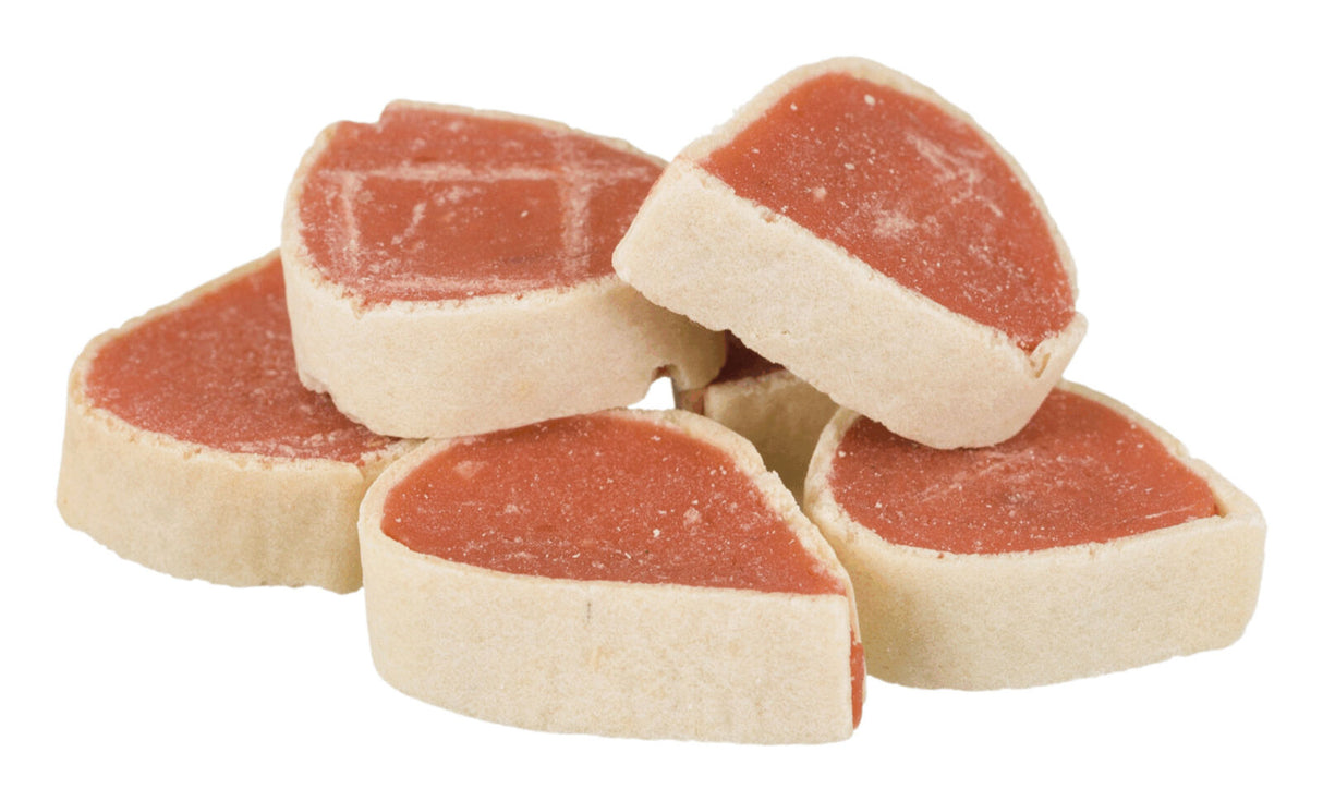 Mehrere beige und rote runde Objekte mit einer weichen Textur, die gestapelt sind.