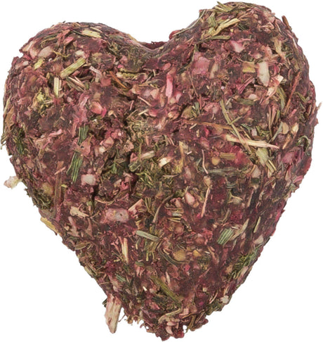 Herzförmiges Bündel aus getrockneten Kräutern und Pflanzenmaterialien in natürlichen Grüntönen und Rosa.