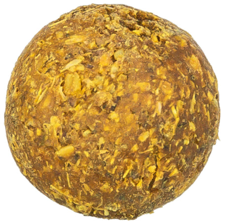 Kreisförmiger, brauner Ball mit gelben und orangefarbenen Elementen, ungleichmäßige Textur.