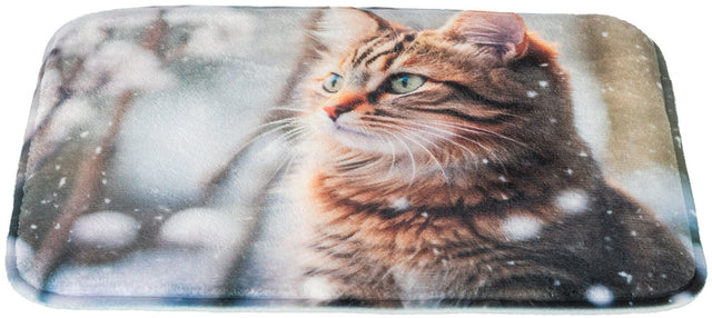 Weiche Decke mit Fotodruck einer Katze im Schnee, die in die Ferne blickt, und unscharfem Hintergrund.