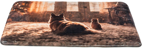 Zwei Katzen sitzen auf einem weichen Teppich vor großen Fenstern mit warmem, diffusem Lichteinfall.