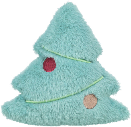 Weiches, blaues Plüschspielzeug in Form eines Tannenbaums mit roten und beigen Kreisen als Dekoration.