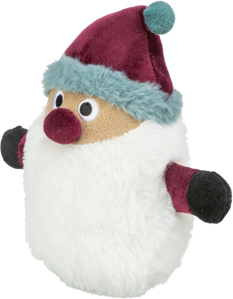 Plüschfigur mit roter Mütze, weißem Bart und großen Augen, ähnelt einer weihnachtlichen Figur.