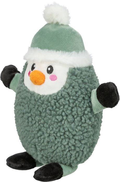 Weiches Plüschtier in Form eines Pinguins mit grünem Fell, orangefarbener Nase, weißem Bommel und schwarzen Füßen.