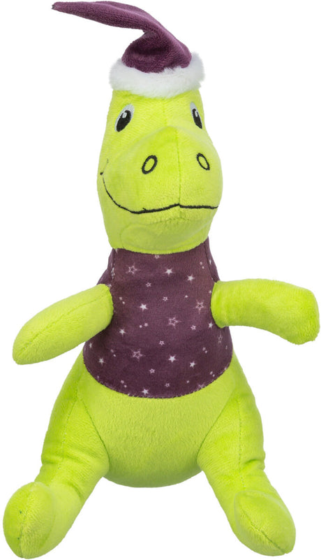 Grünes Stofftier in Dinosaurierform mit lilafarbenem Oberteil und Mütze, verziert mit weißen Sternen.