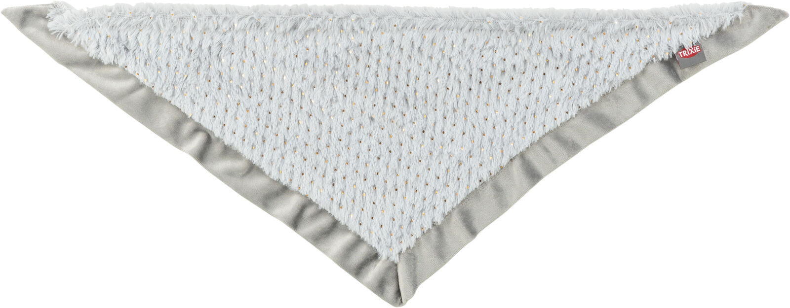 Dreieckiges, flauschiges Tuch in Grau mit goldenem Pünktchenmuster und einem Trixie-Label an der Ecke.