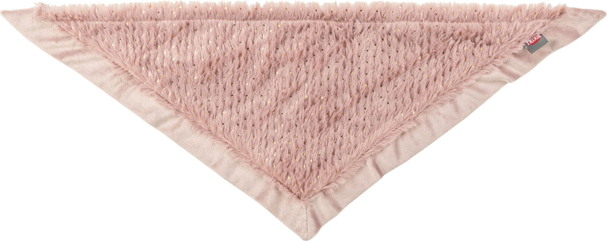 Rosa dreieckiges Tuch mit flauschiger Struktur und goldenen Punkten, an einer Ecke ist ein Etikett sichtbar.