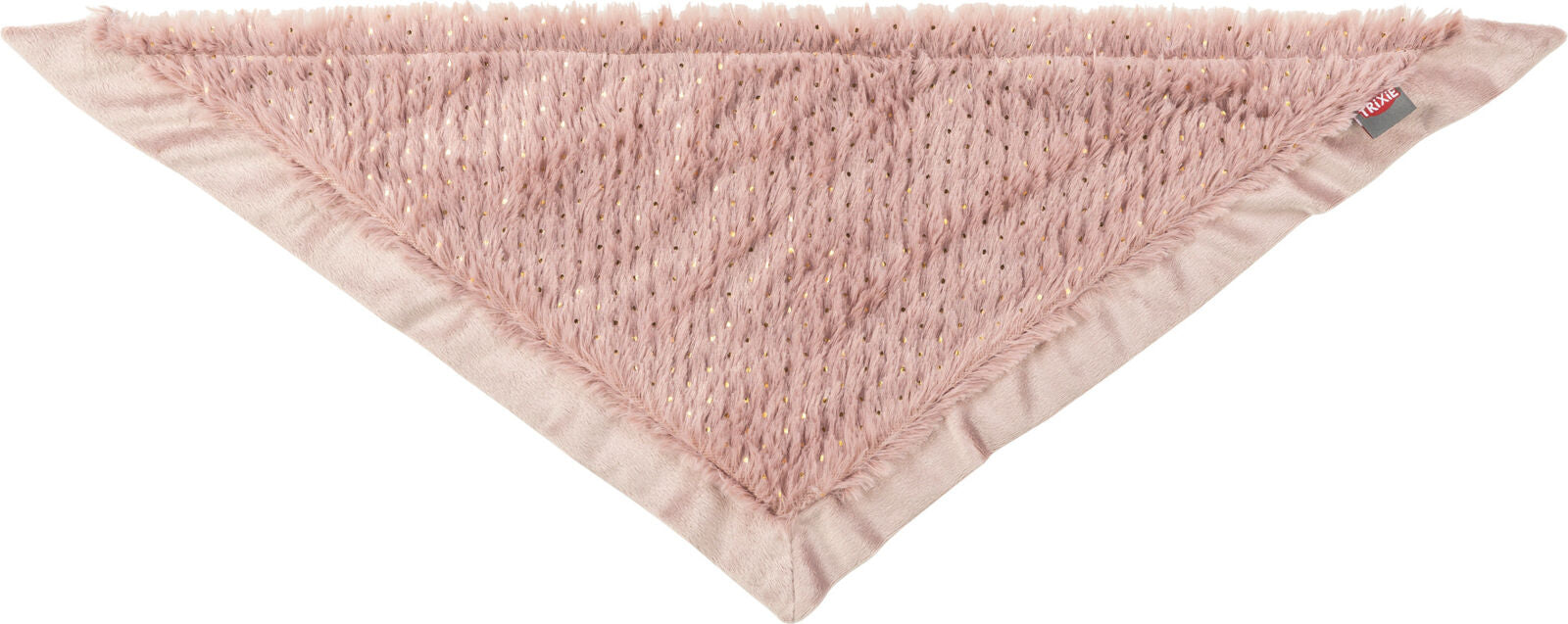 Rosa dreieckiges Tuch mit flauschiger Struktur und goldenen Punkten, an einer Ecke ist ein Etikett sichtbar.