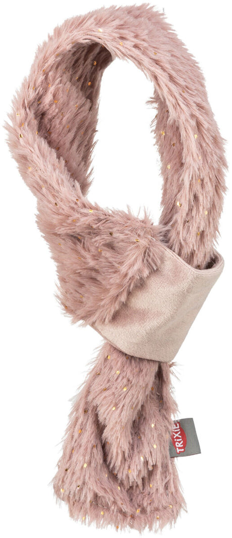 Flauschiger, rosa Schal mit goldenen Akzenten, locker drapiert; sichtbar ist das Etikett mit der Aufschrift "TRIXIE".