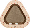 Dreieckige Kratzfläche aus Pappe mit herzförmigem Muster und zwei weißen Kugeln an der Basis.