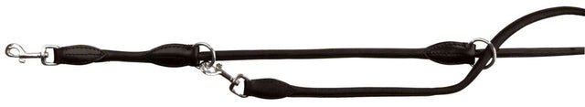 Schwarze, längenverstellbare Hundeleine mit mehreren Metallverschlüssen und stabilen Nähten.