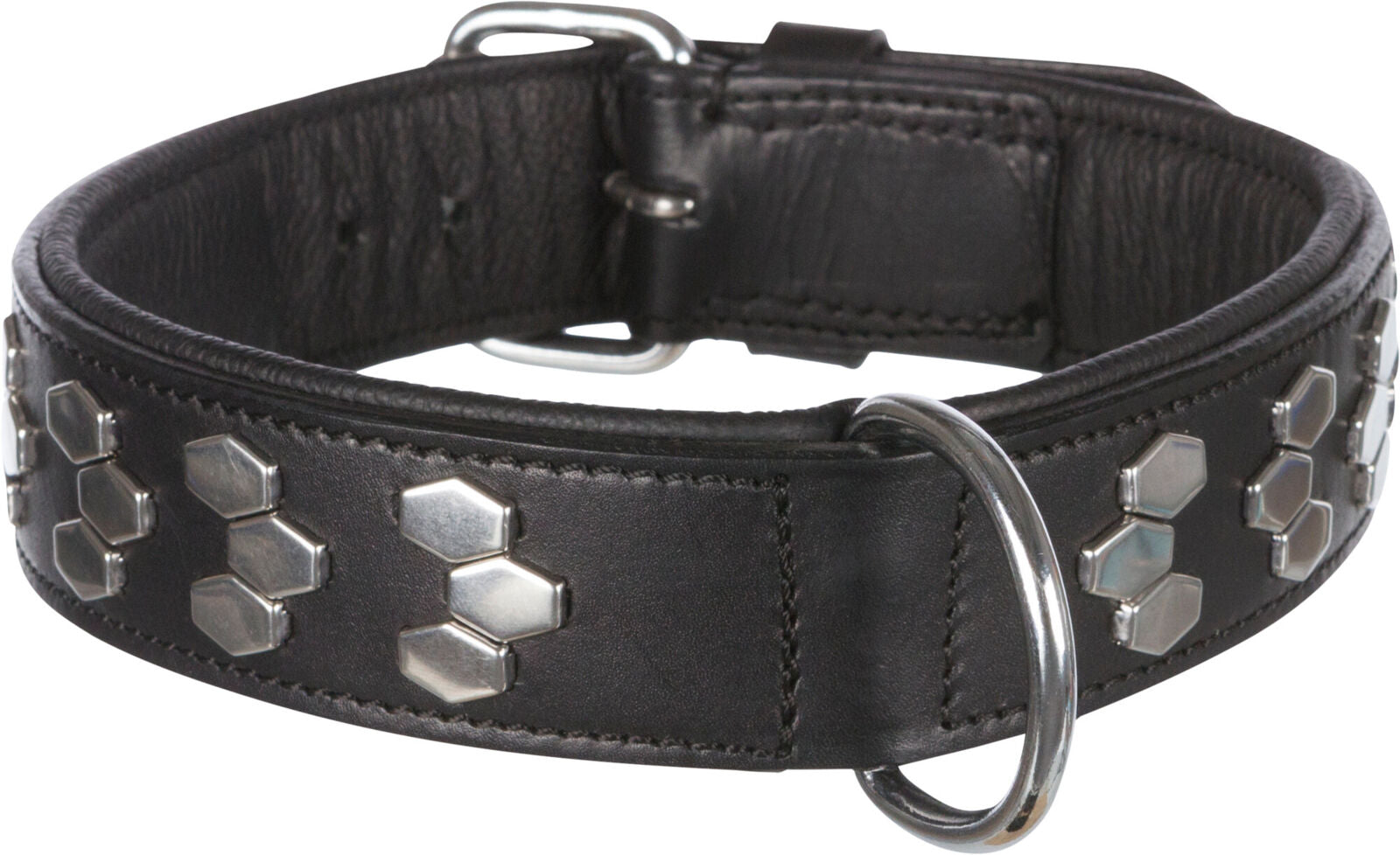 Schwarzes Hundehalsband aus Leder mit silbernen, sechseckigen Metallapplikationen und Ring.