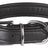 Schwarzes Lederhalsband mit silberner Metallschnalle und D-Ring, schlichtes Design, detailreiche Naht.