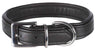 Schwarzes Lederhalsband mit silberner Metallschnalle und D-Ring, schlichtes Design, detailreiche Naht.