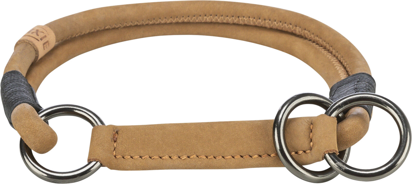 Beige Hundehalsband aus Leder mit schwarzen Verzierungen und zwei silbernen Metallringen.