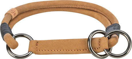 Beige Hundehalsband aus Leder mit schwarzen Verzierungen und zwei silbernen Metallringen.