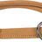 Beige Hundehalsband aus Leder mit schwarzen Verzierungen und zwei silbernen Metallringen.