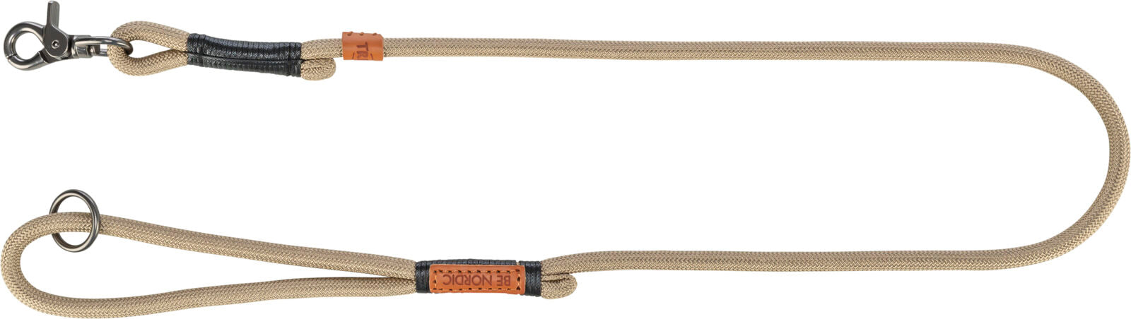 Beige Hundeleine mit schwarzem Griffstück, Metallschnalle und zwei braunen Lederakzenten.