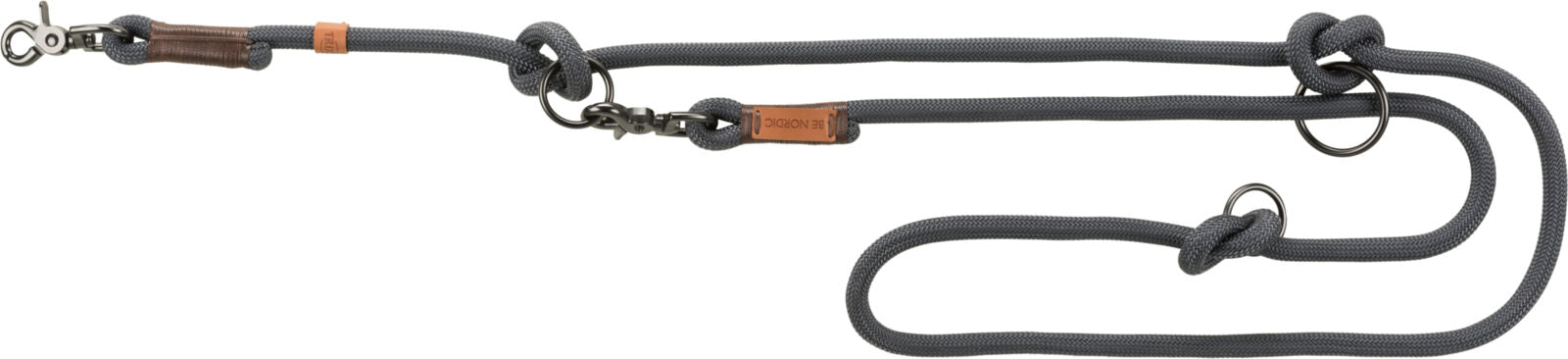 Graue Hundeleine mit Metallhaken, Lederakzent und mehreren Knoten, symmetrisch ausgebreitet.