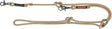 Beige Hundeleine aus geflochtenem Seil mit Metallkarabiner, schwarzen Wicklungen und braunem Lederetikett.