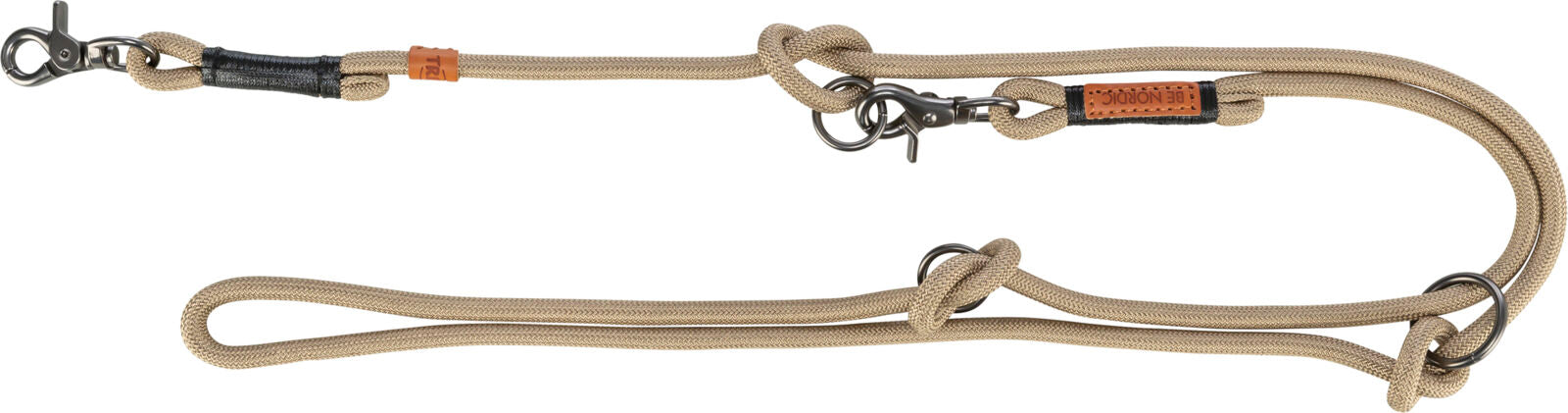 Beige Hundeleine aus geflochtenem Seil mit Metallkarabiner, schwarzen Wicklungen und braunem Lederetikett.