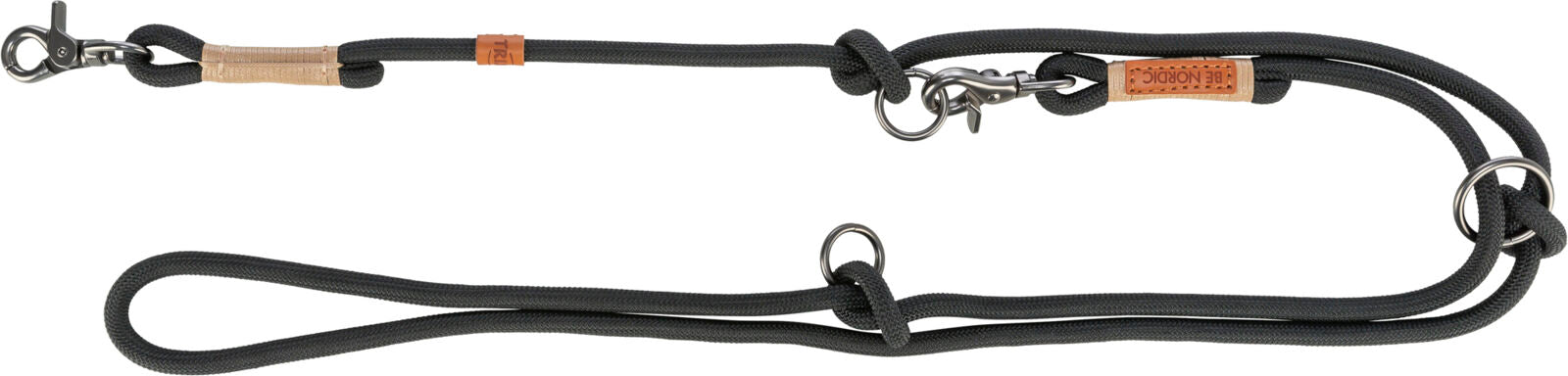 Langleine aus schwarzem geflochtenem Material mit mehreren Metallringen und einem Karabinerhaken.