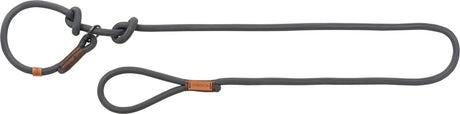 Graue Hundeleine aus geflochtenem Material mit Schlaufe und knotengestütztem Karabiner, Ledertags sind sichtbar.