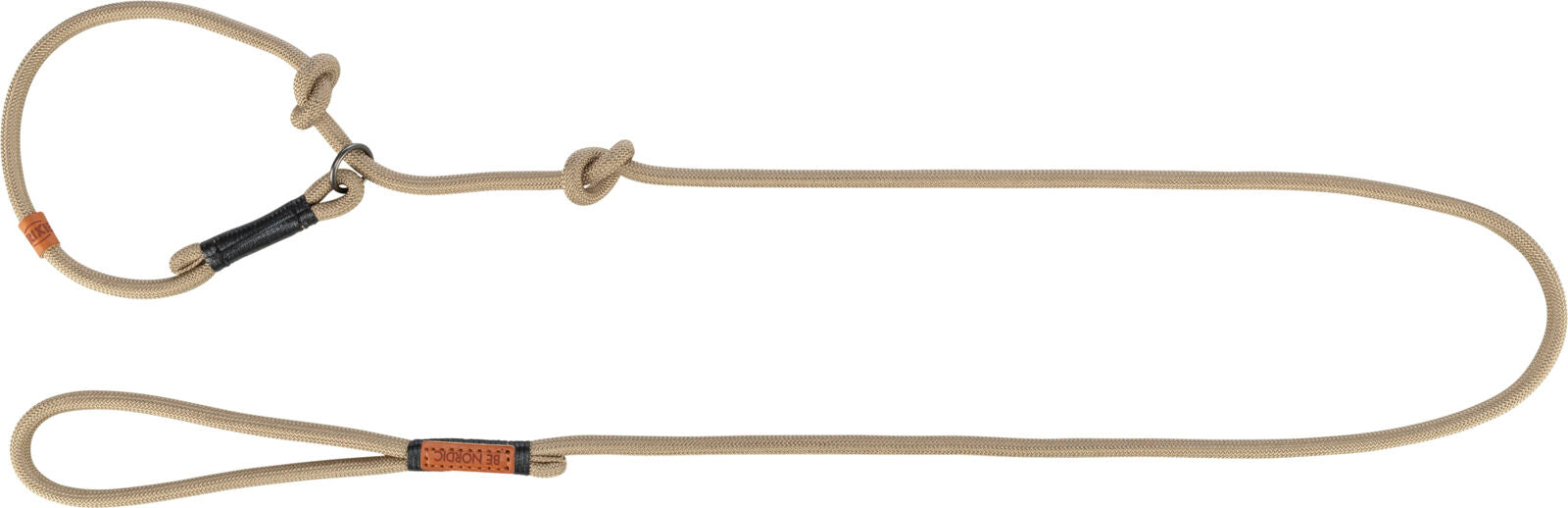 Beige Hundeleine mit Schlaufe und verstellbarer Schlaufe aus geflochtenem Material, schwarzer und brauner Akzent.
