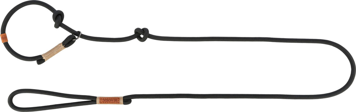 Schwarze Hundeleine mit verstellbarem Halsband und Schlaufe, Lederdetails an den Verbindungsstellen.