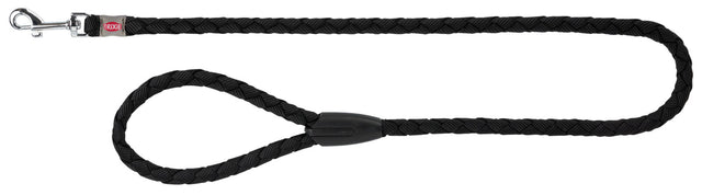 Schwarze, geflochtene Hundeleine mit Schlaufe und Metallkarabiner, rote Marke "Trixie" sichtbar.