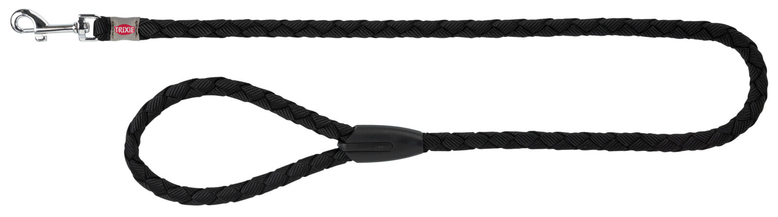 Schwarze, geflochtene Hundeleine mit Schlaufe und Metallkarabiner, rote Marke "Trixie" sichtbar.
