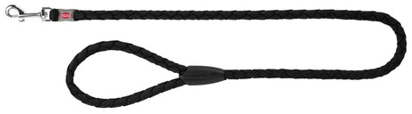Schwarze, geflochtene Hundeleine mit Schlaufe und Metallkarabiner, rote Marke "Trixie" sichtbar.