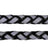 Geflochtene schwarz-weiße Leine mit silbernen Metallhaken und mehreren Ringen, seitlich liegend.