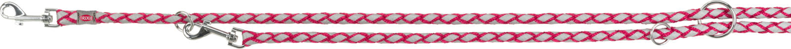 Geflochtene rote und graue Leine mit Metallhaken und -ringen.