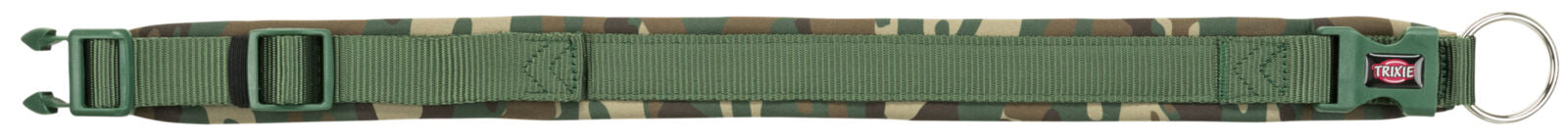 Grünes Hundehalsband mit Tarnmuster, verstellbar, Kunststoffschnalle und Metallring, Markenlogo sichtbar.
