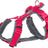 Rotes und graues Hundegeschirr mit verstellbaren Riemen und Metallring.