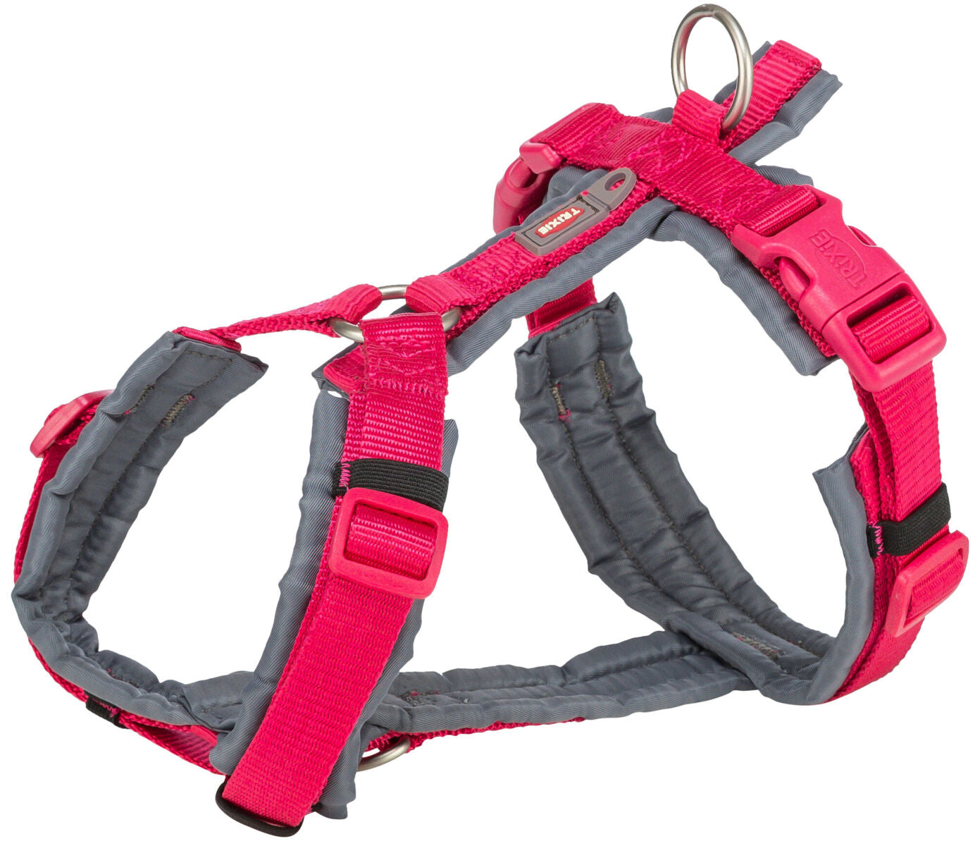 Rotes und graues Hundegeschirr mit verstellbaren Riemen und Metallring.