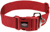 Rotes verstellbares Hundehalsband aus Nylon mit Klickverschluss und silbernem Ring, Logo "TRIXIE" sichtbar.