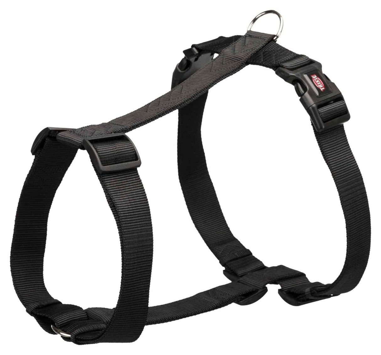 Schwarzes verstellbares Hundegeschirr aus Nylon mit Klickverschluss und Metallring.