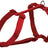 Rotes Hundegeschirr mit verstellbaren Nylonriemen und Kunststoffschnallen, D-Ring oben sichtbar.