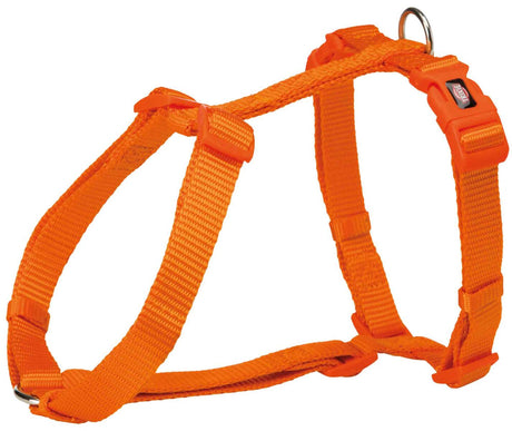 Orangefarbenes Hundegeschirr mit verstellbaren Riemen, Schnalle und Metallring, geeignet für Spaziergänge.