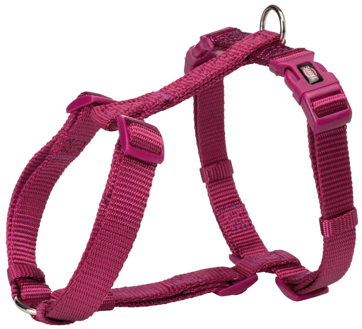 Pinkfarbenes Hundegeschirr aus robustem Stoff mit verstellbaren Riemen und Klickverschlüssen.