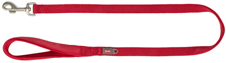 Rote Hundeleine mit silbernem Karabinerhaken und gewebter Schlaufe aus widerstandsfähigem Material.
