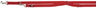 Rote verstellbare Hundeleine mit silbernen Metallklammern und schwarzem Etikettaufsatz.