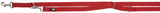 Rote verstellbare Hundeleine mit silbernen Metallklammern und schwarzem Etikettaufsatz.