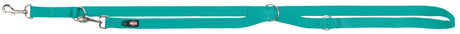 Türkise Leine mit zwei Metallkarabinern und mehreren Ringen, geeignet zur Befestigung und Führung.